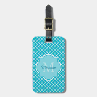 Étiquette À Bagage Monogramme et nom de Quatrefoil bleu turquoise cla