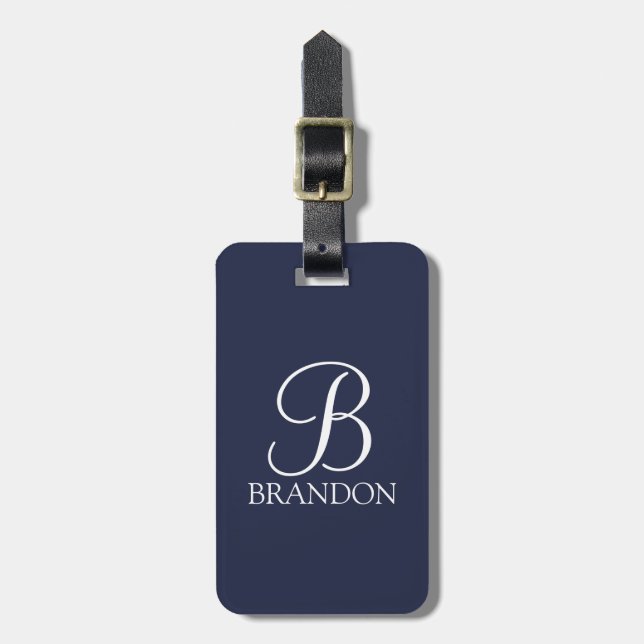 Étiquette À Bagage Monogramme et nom de script personnalisé bleu mari (Devant Vertical)