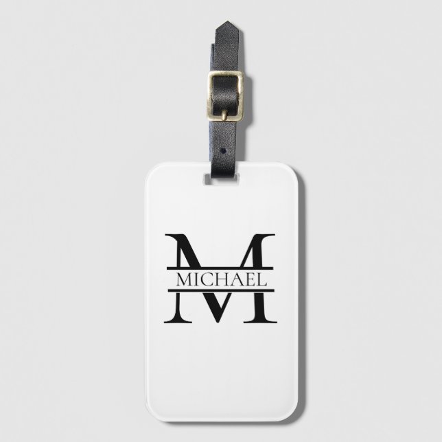 Étiquette À Bagage Monogramme et nom Elégant Personnalisé Blanc (Devant Vertical)