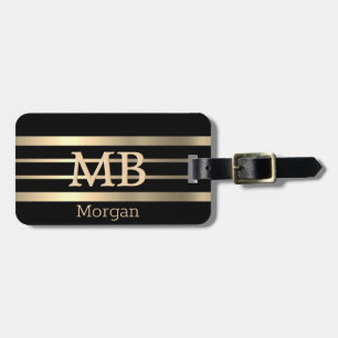 Étiquette À Bagage Monogramme et nom en or 3D, rayures dorées sur fon