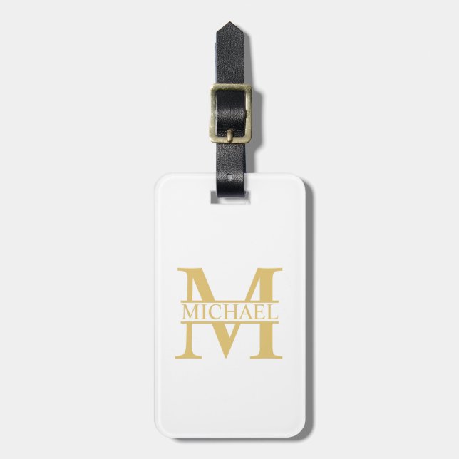 Étiquette À Bagage Monogramme et nom personnalisé blanc et or (Devant Vertical)