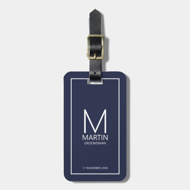 Étiquette À Bagage Monogramme et nom personnalisés de la marine Groom (Devant Vertical)