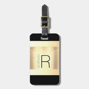 Étiquette À Bagage Monogramme et nom, Texte noir et gris, Or brossé