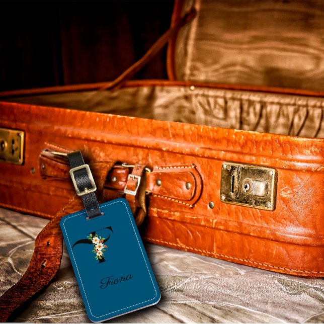 Étiquette À Bagage Monogramme F Fleur d'aquarelle cobalt Bagage Balis (Créateur téléchargé)