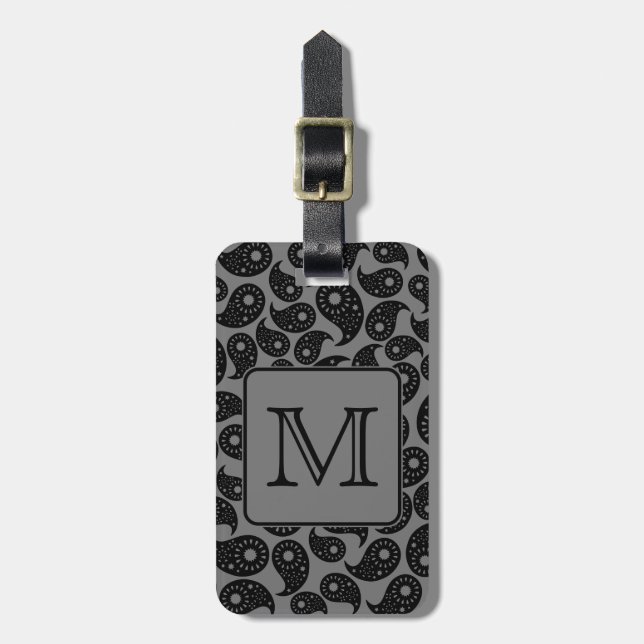 Étiquette À Bagage Monogramme fait sur commande. Modèle gris et noir (Devant Vertical)