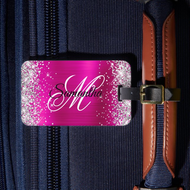 Étiquette À Bagage Monogramme fantaisie argent pailletté rose chaud e (Insitu Rectoal 4)
