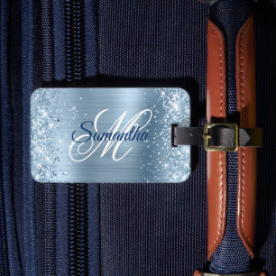 Étiquette À Bagage Monogramme fantaisie pailleté bleu clair