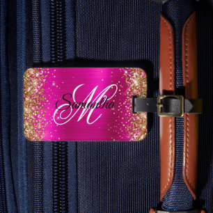 Étiquette À Bagage Monogramme fantaisie pailleté or rose chaud