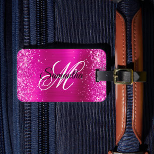 Étiquette À Bagage Monogramme fantaisie pailleté rose chaud en feuill