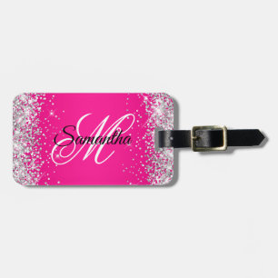 Étiquette À Bagage Monogramme fantaisie rose pailleté argent