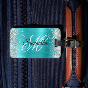 Étiquette À Bagage Monogramme fantaisie Turquoise Bleu Paillettes Arg