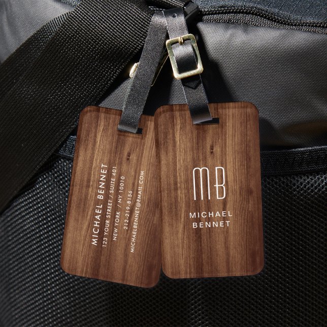 Étiquette À Bagage Monogramme Faux Bois Texture (Monogram Faux Wood Texture Luggage Tag)
