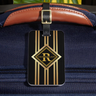 Étiquette À Bagage Monogramme Faux Or Géométrique NOIR