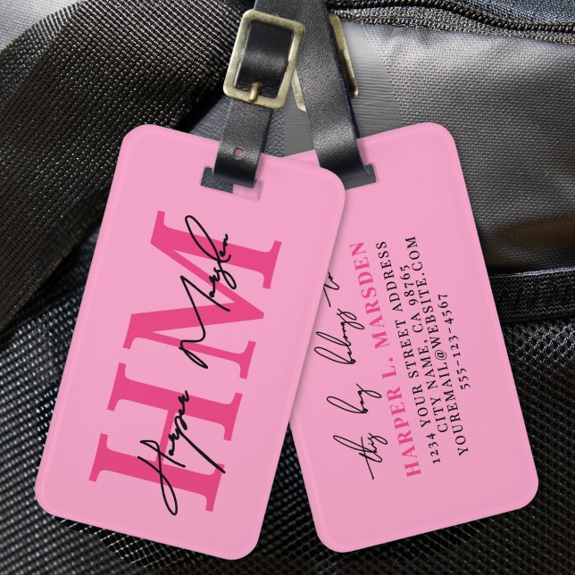 Étiquette À Bagage Monogramme Féminin Rose Chaud Nom (Hot Pink Girly Monogram Name Luggage Tag)