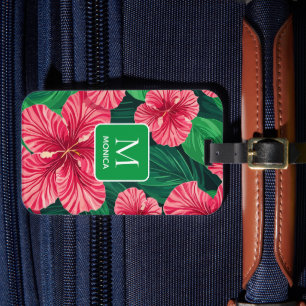 Étiquette À Bagage Monogramme Feuille de palmier Hibiscus de Hawaï tr