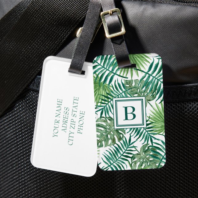 Étiquette À Bagage Monogramme Feuilles De Palmier Vertes Modernes (Tropical Green Palm Leaves Monogrammed Luggage Tag)