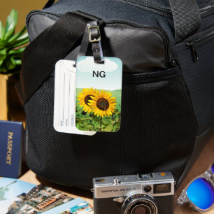 Étiquette À Bagage Monogramme Fleur de Tournesol Jaune Voyage