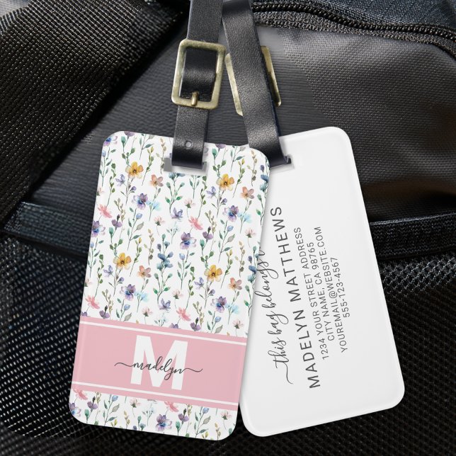 Étiquette À Bagage Monogramme Fleur Sauvage (Elegant Watercolor Wildflower Monogram Luggage Tag)