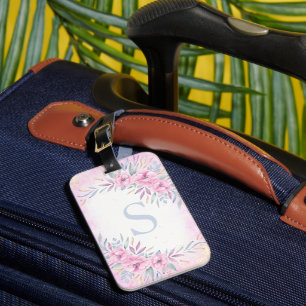 Étiquette À Bagage Monogramme Fleurs rose pâle Aquarelle Boho mou