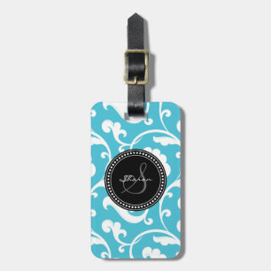 Étiquette À Bagage Monogramme floral blanc bleu girly élégant de