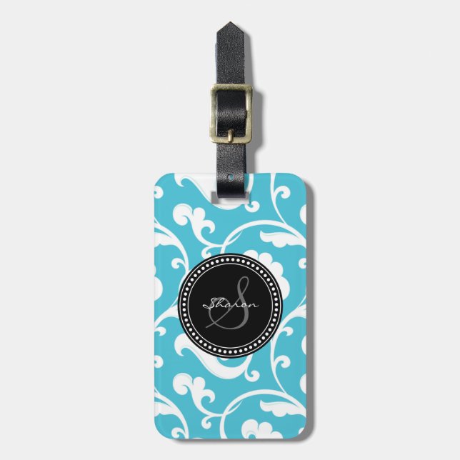 Étiquette À Bagage Monogramme floral blanc bleu girly élégant de (Devant Vertical)
