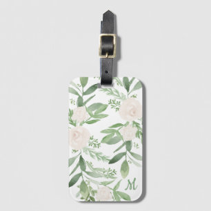 Étiquette À Bagage Monogramme floral blanc et vert élégant