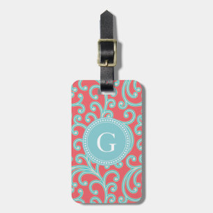 Étiquette À Bagage Monogramme floral bleu rouge girly élégant de