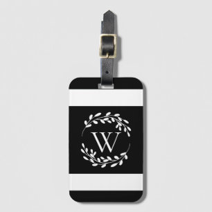 Étiquette À Bagage Monogramme floral noir et blanc