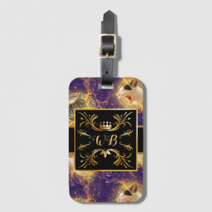 Étiquette À Bagage Monogramme Floral Orné Cute Chat - Royal Purple
