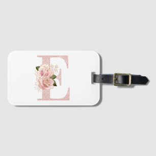 Étiquette À Bagage Monogramme Floral Pailleté Or Rose Clair Féminin E