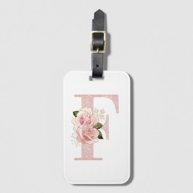 Étiquette À Bagage Monogramme floral pailleté rose pâle féminin F (Devant Vertical)