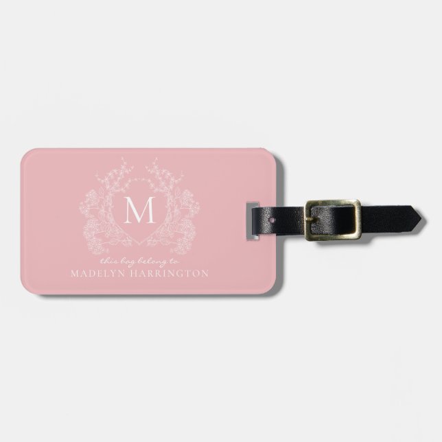 Étiquette À Bagage Monogramme floral rose-rose moderne (Devant horizontal)