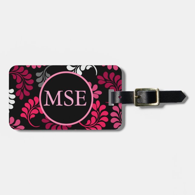 Étiquette À Bagage Monogramme floral rose rouge (Devant horizontal)