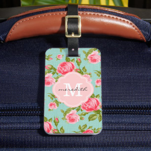 Étiquette À Bagage Monogramme floral Rose Vintage