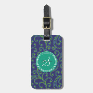 Étiquette À Bagage Monogramme floral vert-bleu girly élégant de motif