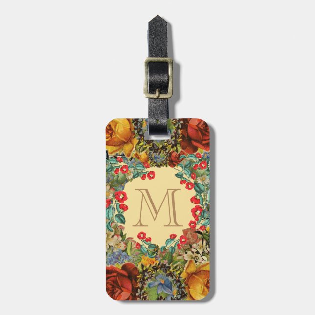 Étiquette À Bagage Monogramme Floral Vintage (Devant Vertical)