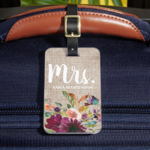 Étiquette À Bagage Monogramme floral violet élégant lin beige rustiqu