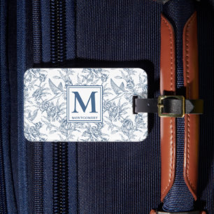 Étiquette À Bagage Monogramme français bleu vintage floral Toile de J