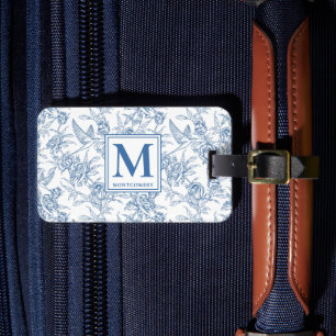 Étiquette À Bagage Monogramme français bleu vintage floral Toile de J