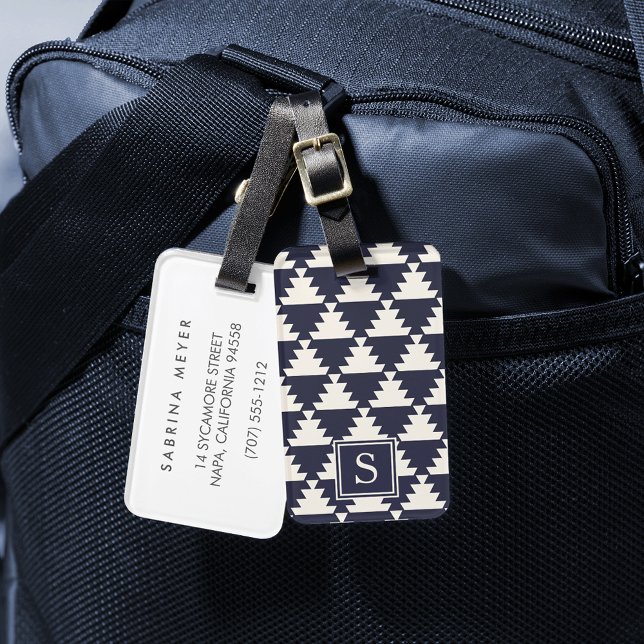 Étiquette À Bagage Monogramme géométrique Aztèque moderne bleu nuit (Créateur téléchargé)