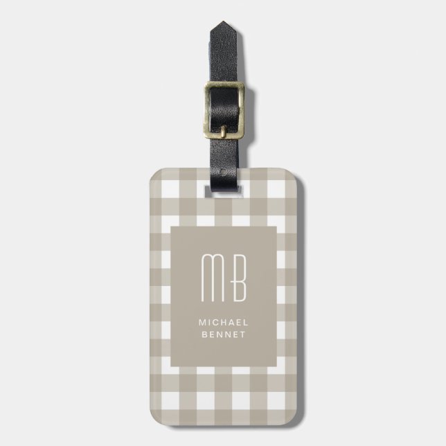 Étiquette À Bagage Monogramme Gingham Beige Élégant (Devant Vertical)