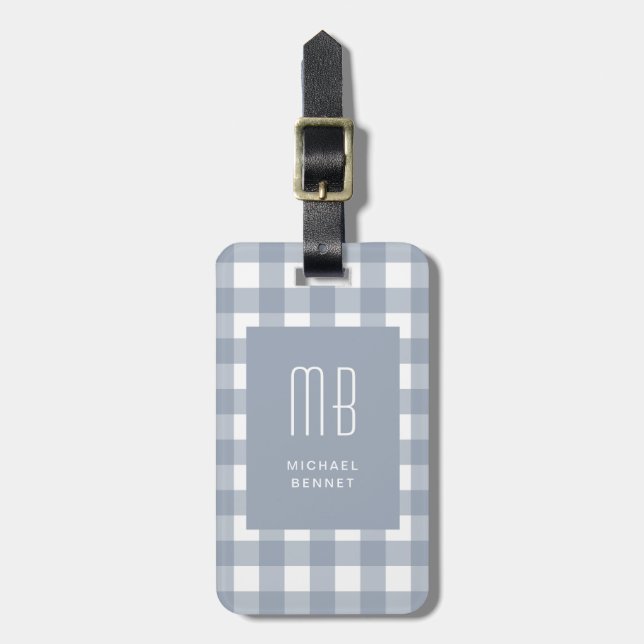 Étiquette À Bagage Monogramme Gingham Bleu Gris Élégant (Devant Vertical)