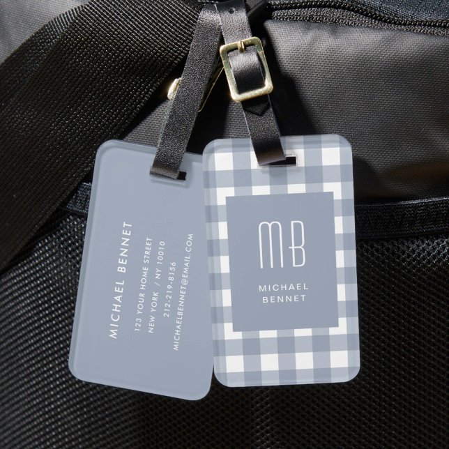 Étiquette À Bagage Monogramme Gingham Bleu Gris Élégant (Elegant Gray Blue Gingham Monogram Luggage Tag)