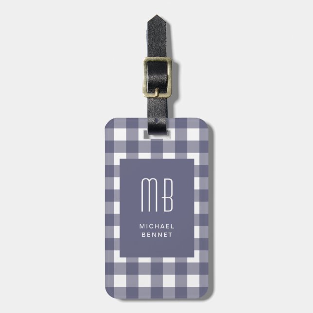 Étiquette À Bagage Monogramme Gingham Bleu Marine Élégant (Devant Vertical)