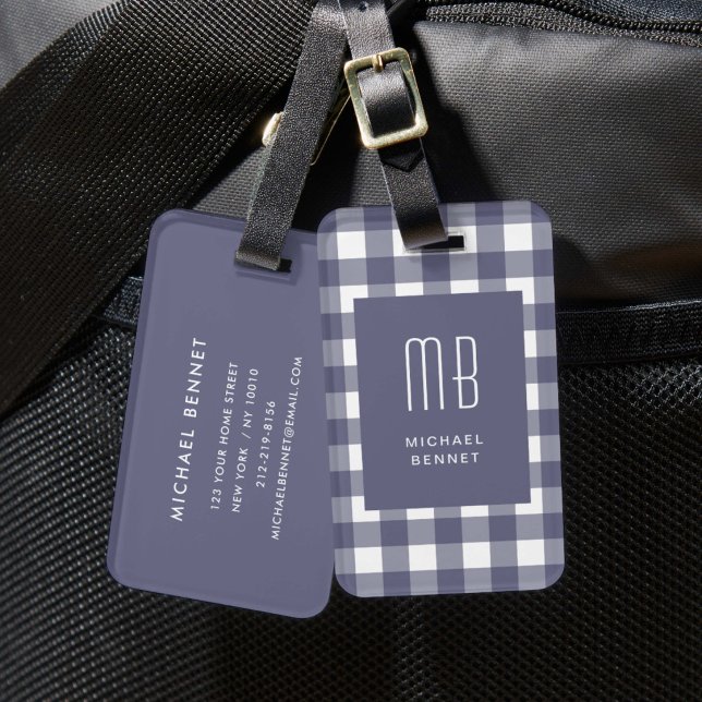 Étiquette À Bagage Monogramme Gingham Bleu Marine Élégant (Elegant Navy Blue Gingham Monogram Luggage Tag)