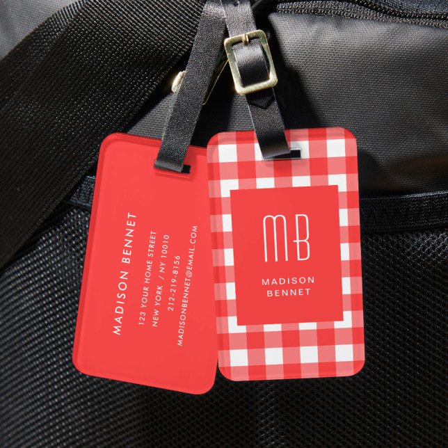 Étiquette À Bagage Monogramme Gingham Rouge Élégant (Elegant Red Gingham Monogram Luggage Tag)