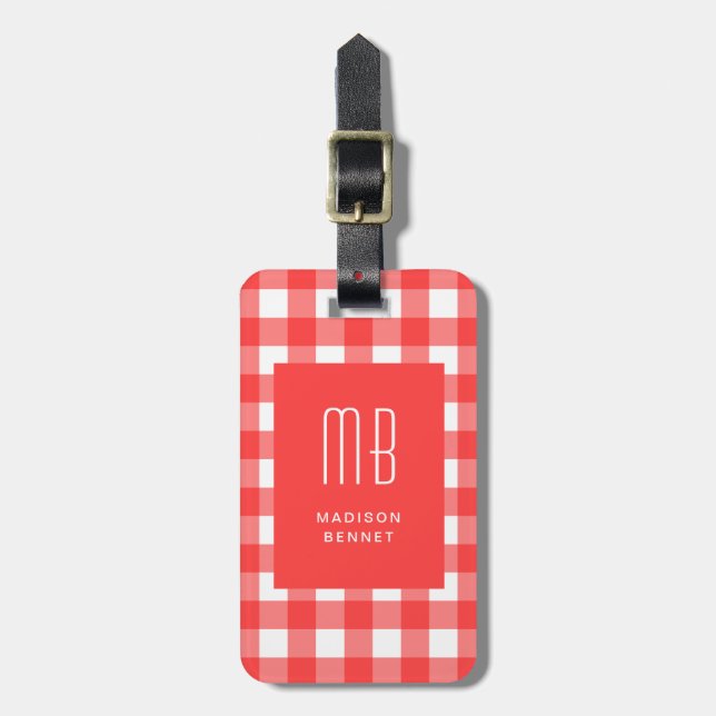 Étiquette À Bagage Monogramme Gingham Rouge Élégant (Devant Vertical)