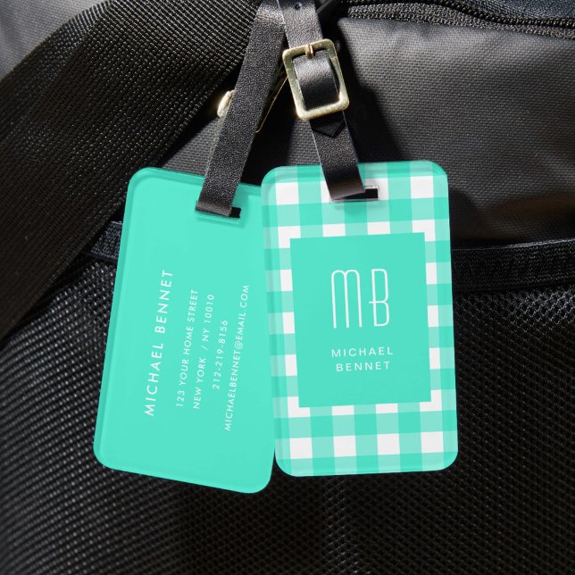 Étiquette À Bagage Monogramme Gingham Vert Élégant (Elegant Green Gingham Monogram Luggage Tag)