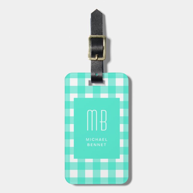 Étiquette À Bagage Monogramme Gingham Vert Élégant (Devant Vertical)