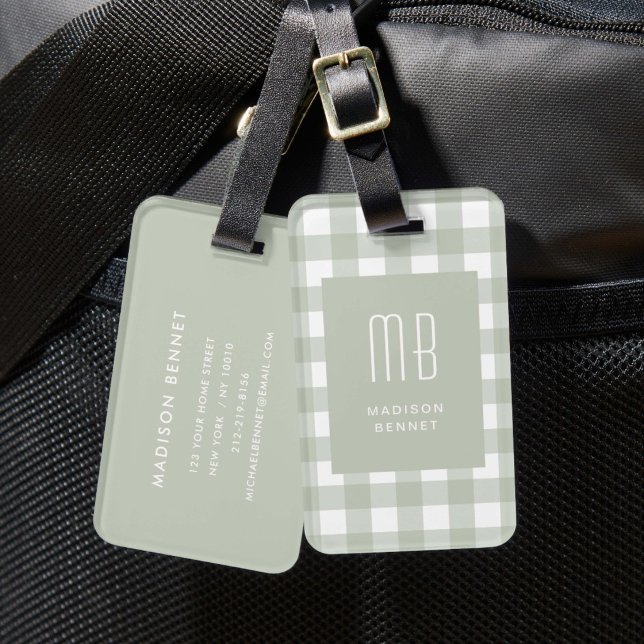 Étiquette À Bagage Monogramme Gingham Vert Sauge Élégant (Elegant Sage Green Gingham Monogram Luggage Tag)